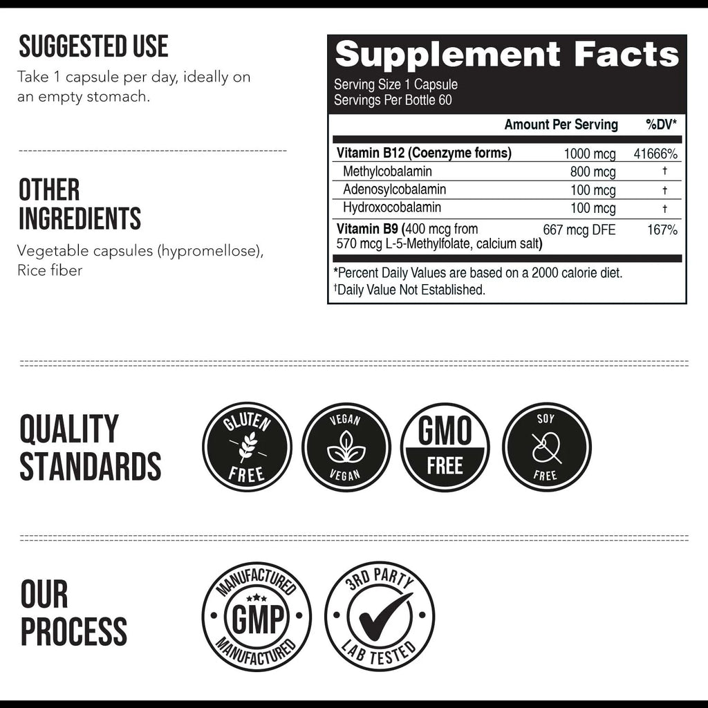 BioActive B12 (1000 mcg) Vitamin B12 Plus L-Methylfolate 60 Capsules