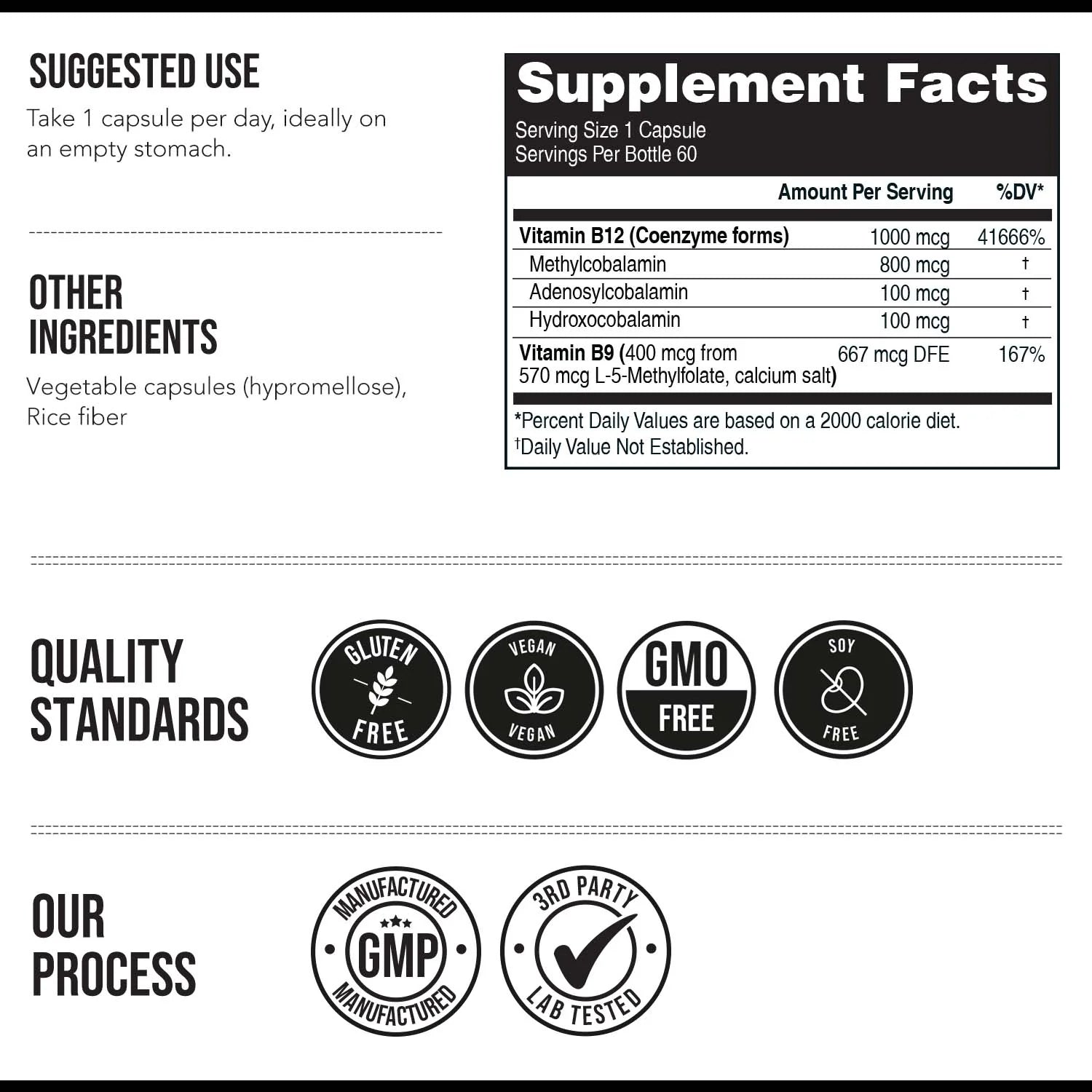 BioActive B12 (1000 mcg) Vitamin B12 Plus L-Methylfolate 60 Capsules