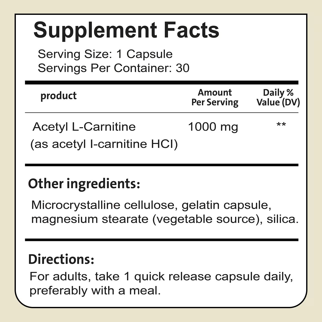 Acetyl L-Carnitine 1000 mg 30 Capsules