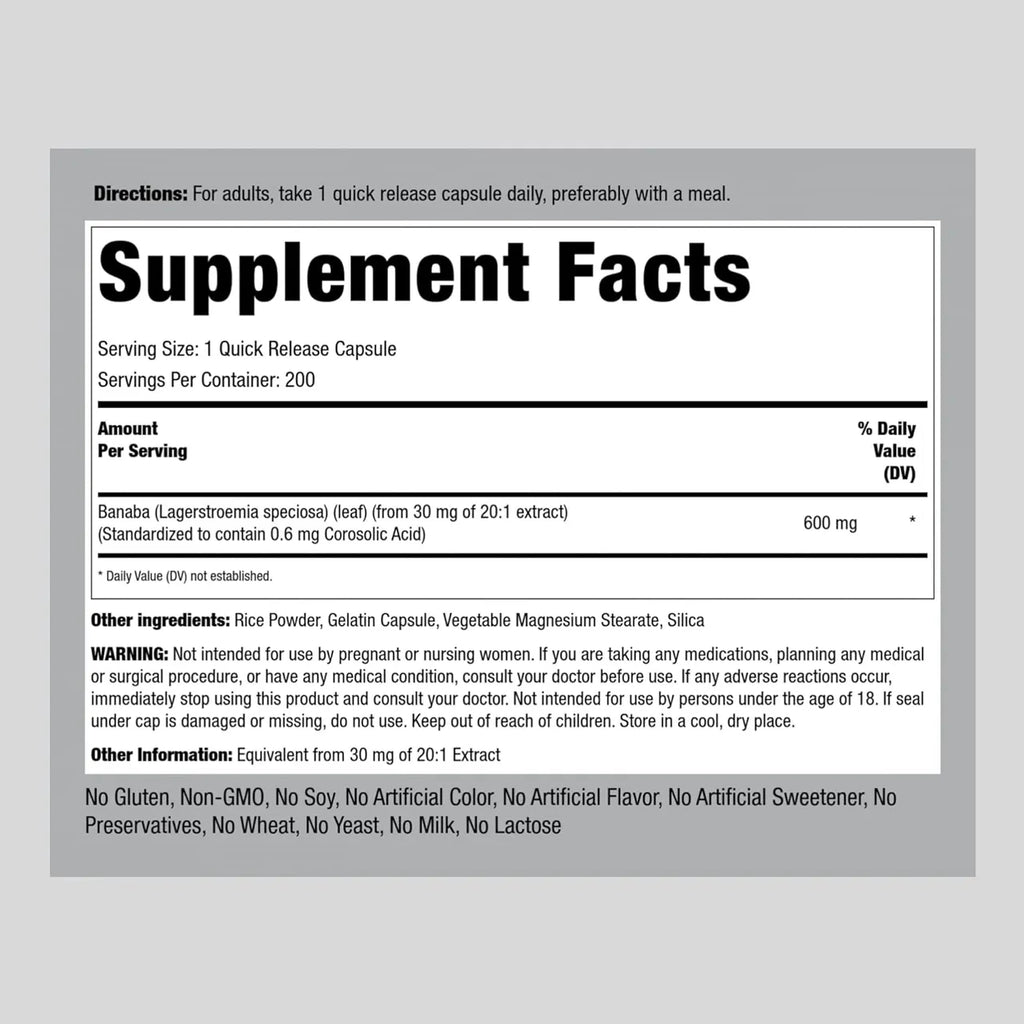 Banaba Extract 600 MG 200 Capsules