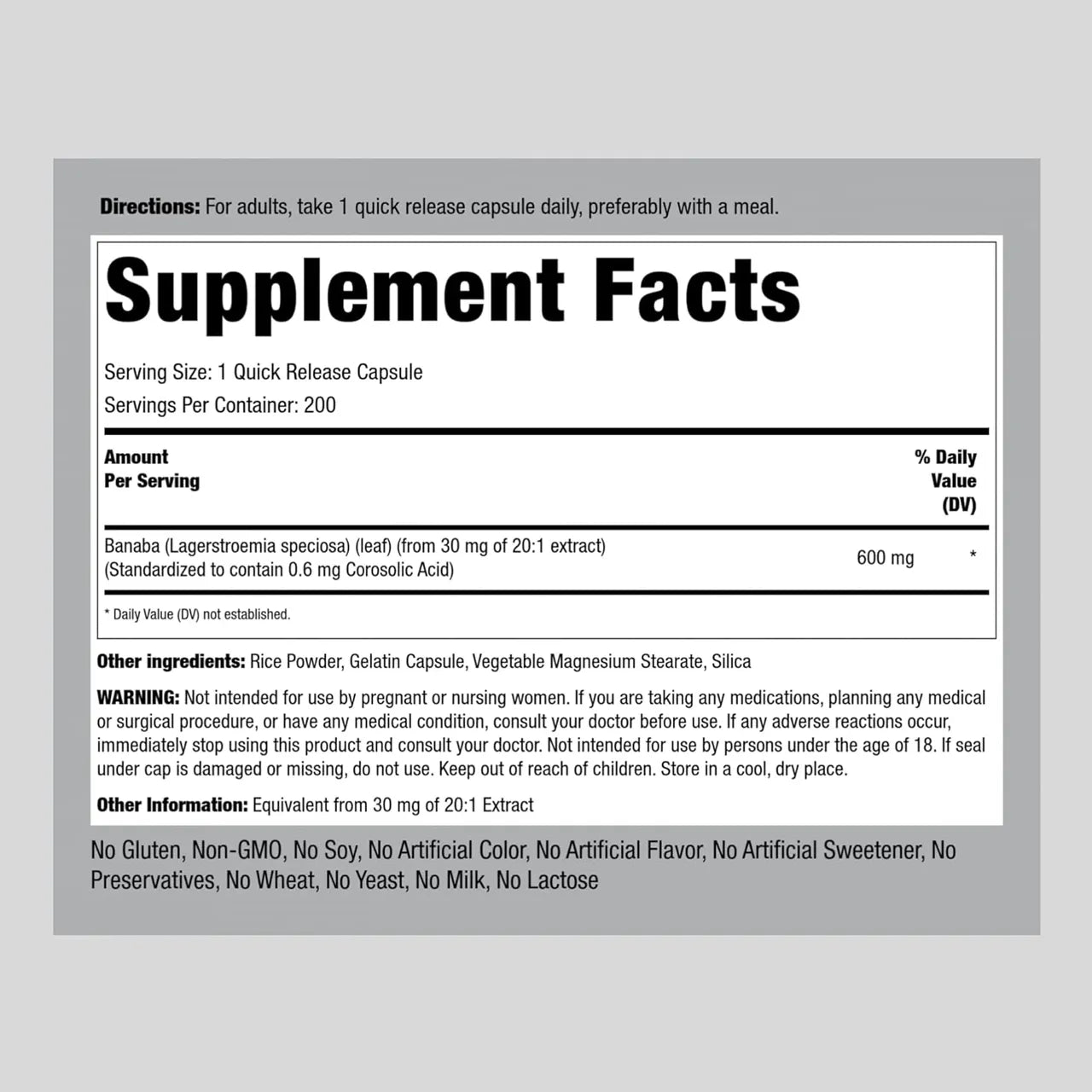 Banaba Extract 600 MG 200 Capsules