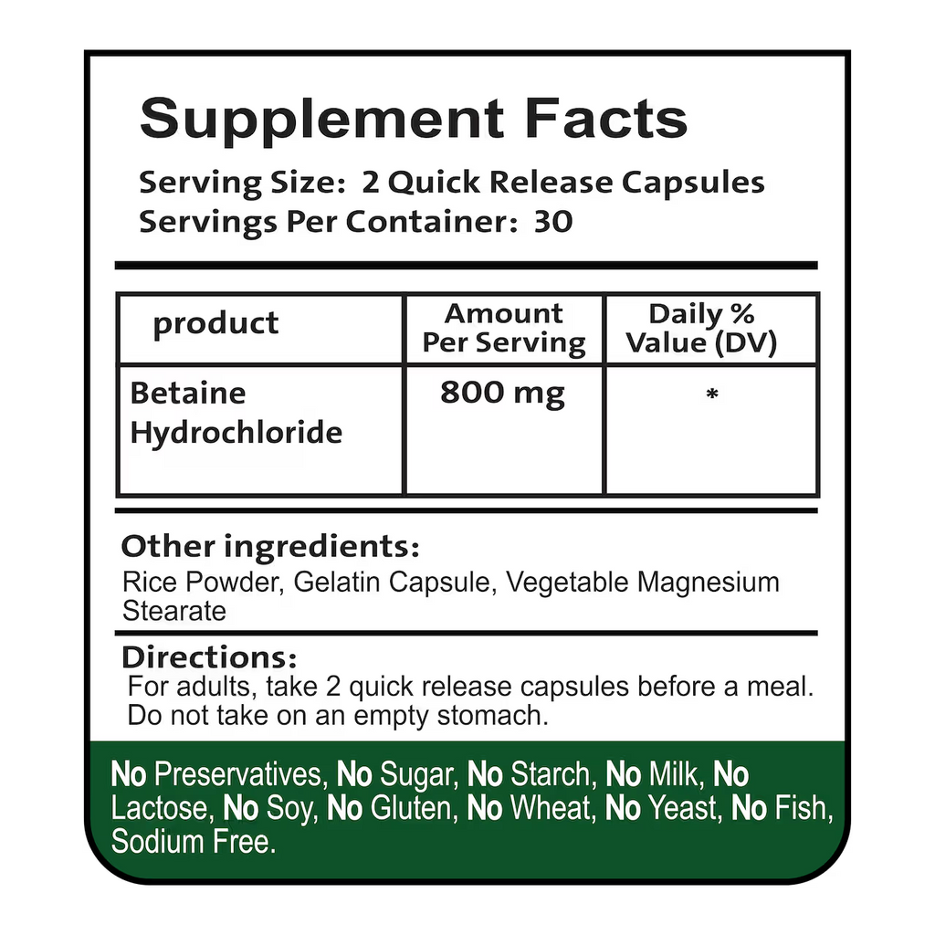 Betaine HCI 800 mg 60 Capsules