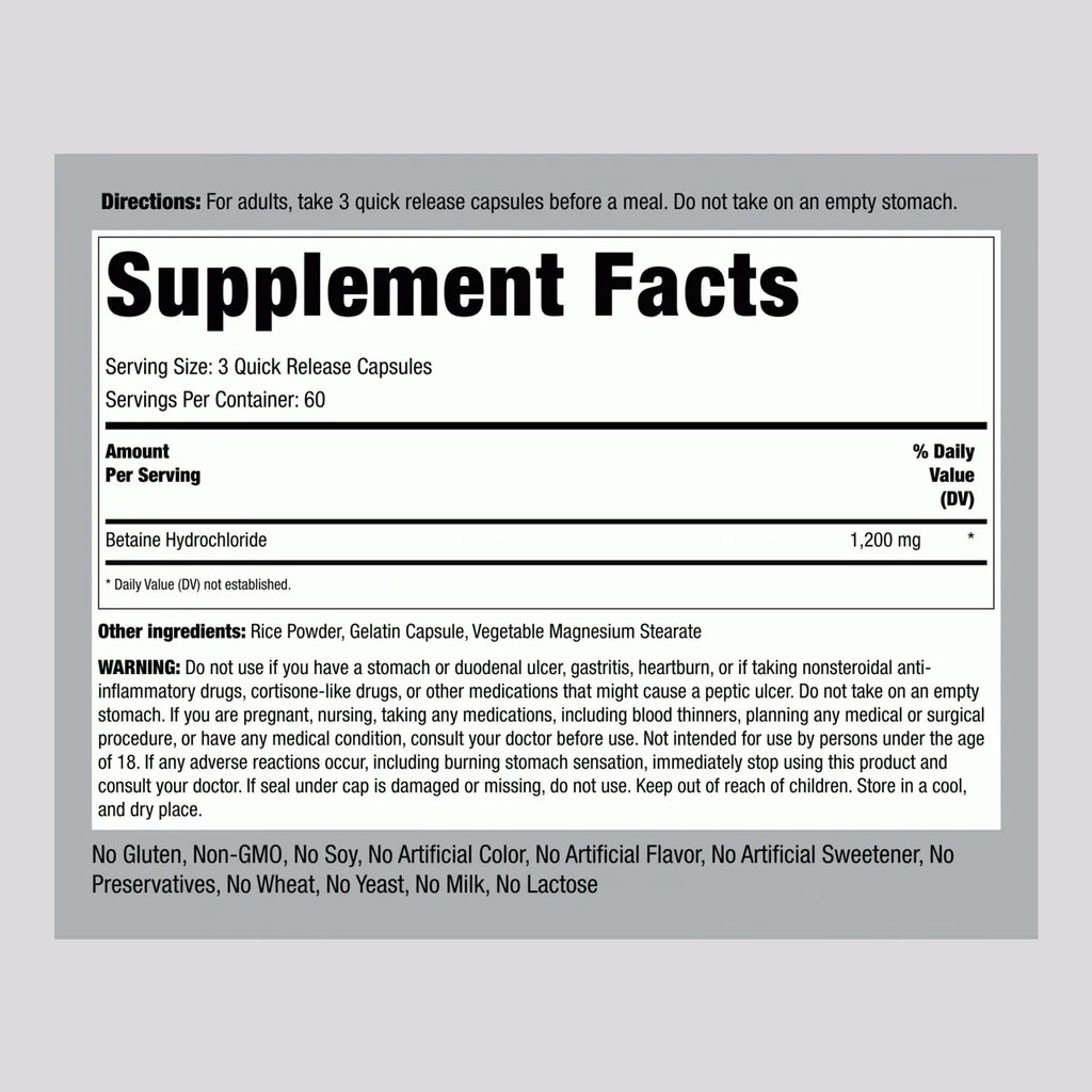 Betaine Hydrochloride 1200 mg 180 Capsules
