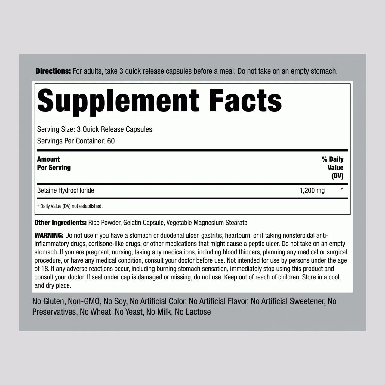 Betaine Hydrochloride 1200 mg 180 Capsules