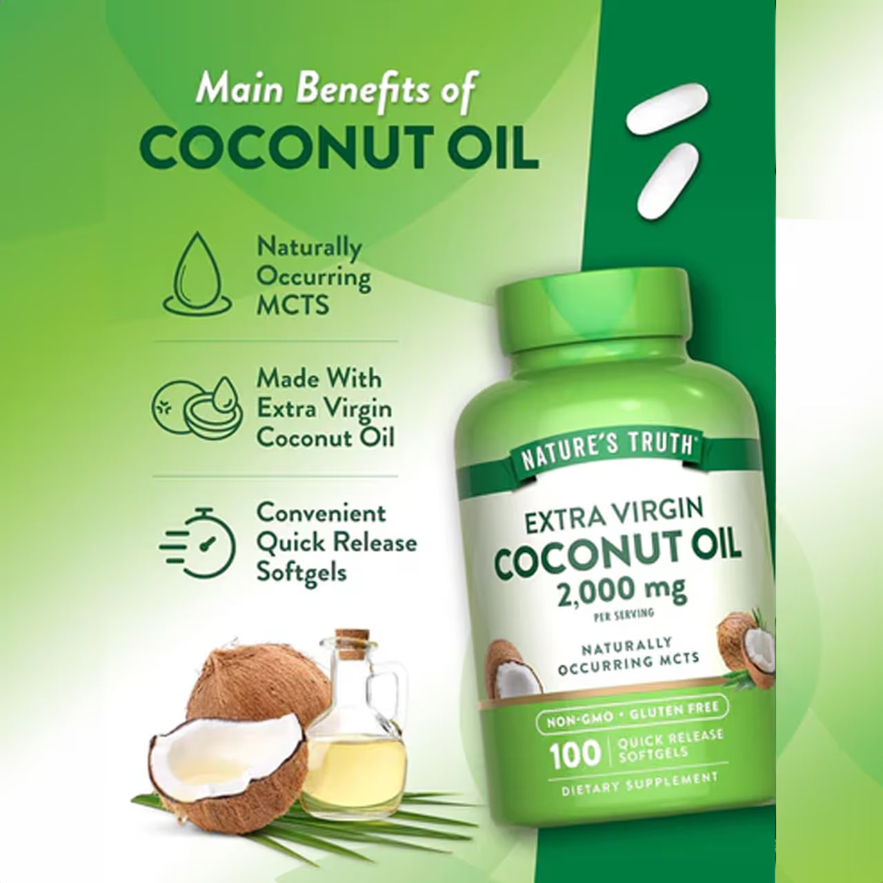 Coconut Oil 2000 mg 100 Softgels