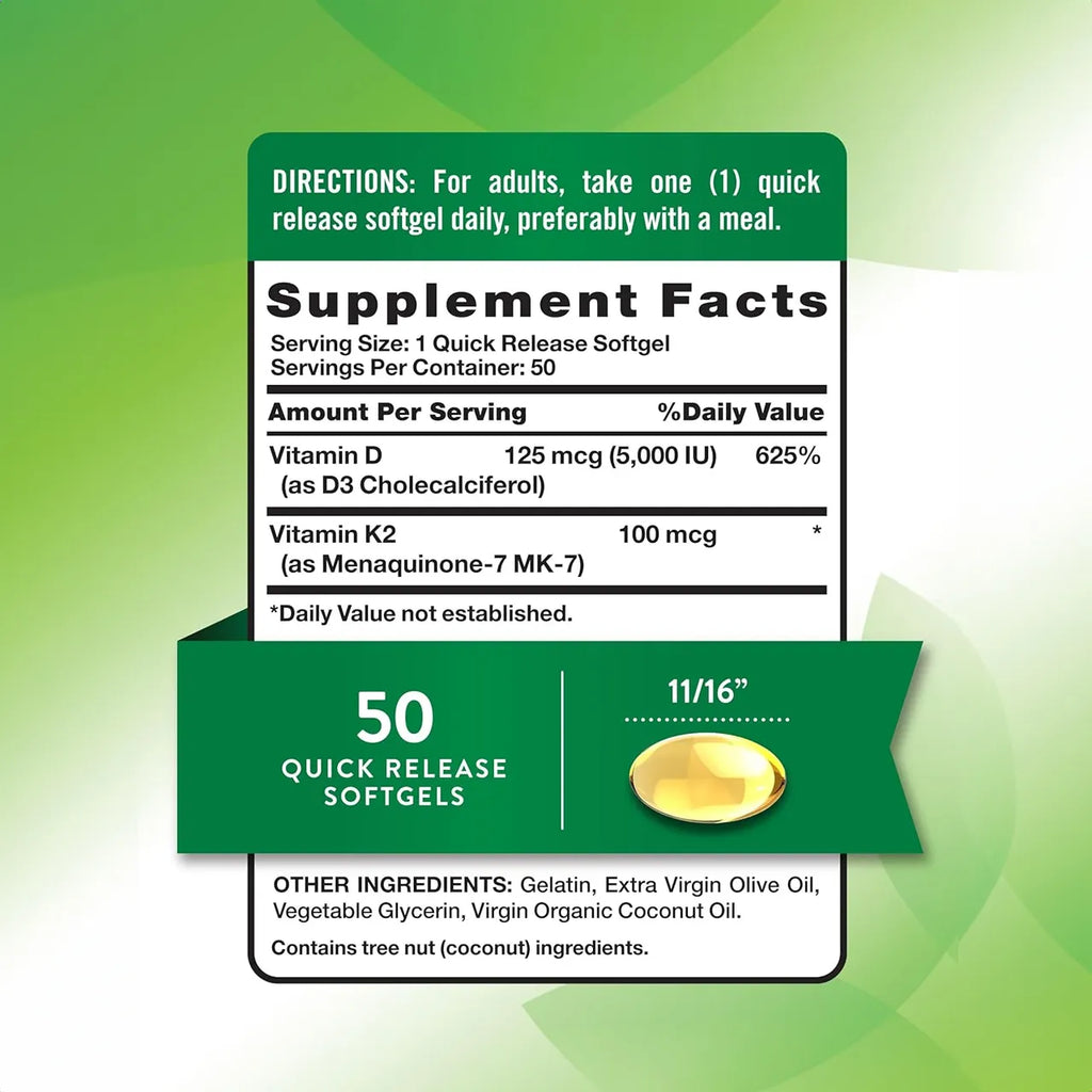Vitamin K2 + D3 with MK-7 (100 mcg+ 5000 IU) 50 Softgels