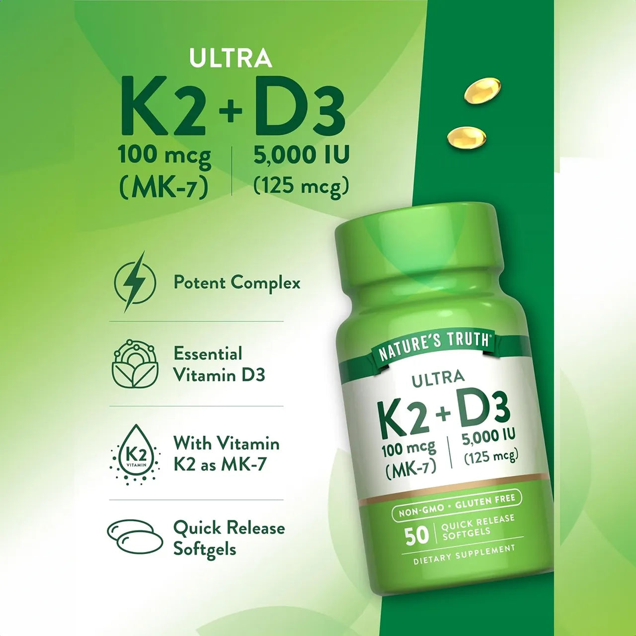 Vitamin K2 + D3 with MK-7 (100 mcg+ 5000 IU) 50 Softgels