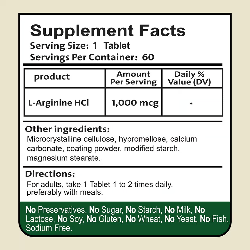 L-Arginine HCL 1000 mg 60 Tablets