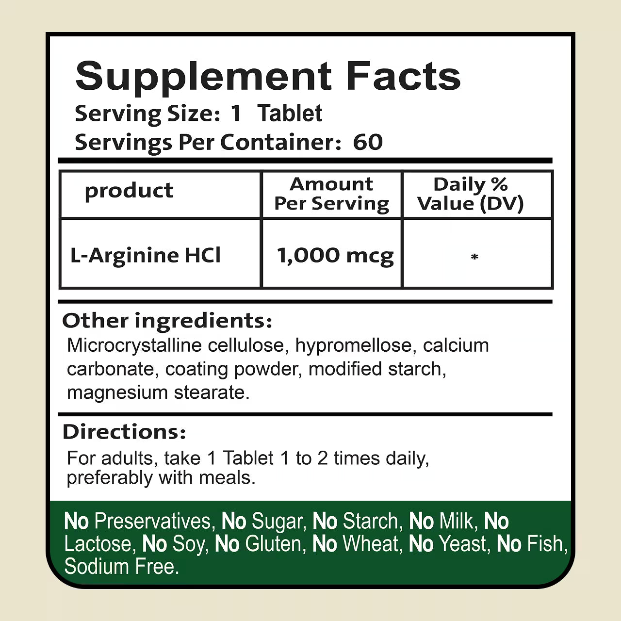 L-Arginine HCL 1000 mg 60 Tablets