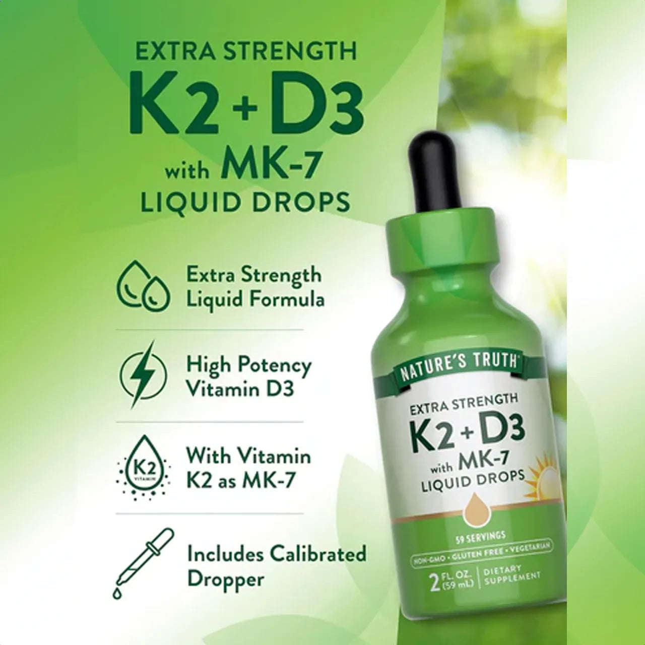 فيتامين K2 + D3 مع قطرات سائلة MK-7 (80 ميكروجرام + 2000 وحدة دولية) 59 مل